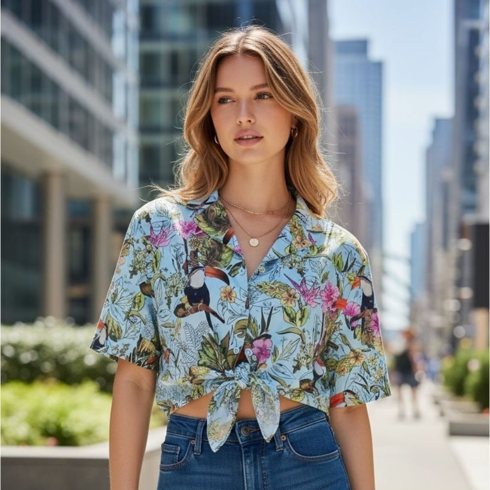 Great Condition. Zara Women's Cropped Toucan Tropic Floral Shirt SIZE S